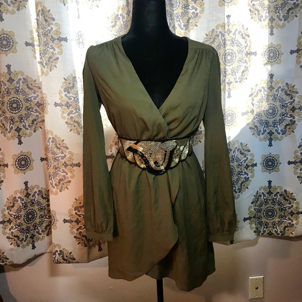 BCBG style Green Sexy Dress with slit down chest.